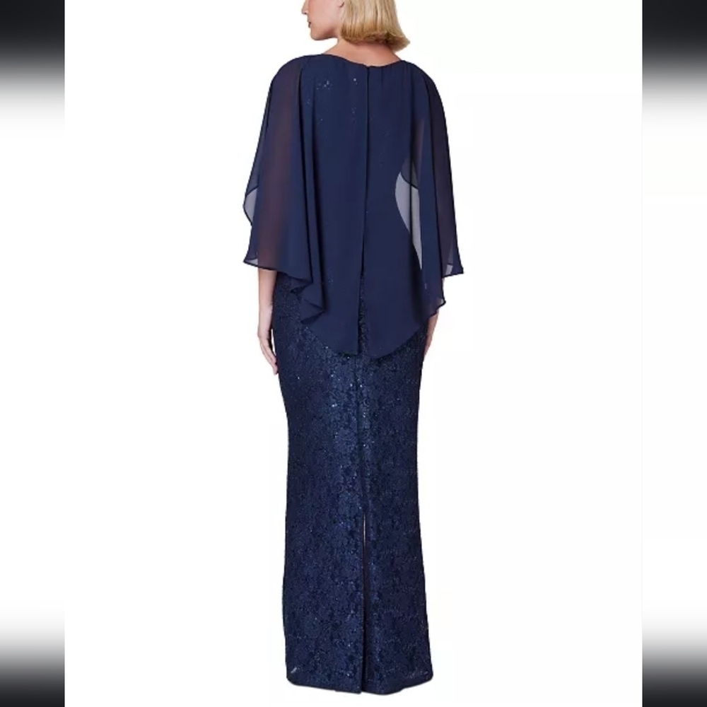 NWT Jessica Howard Embellished Sequin Capelet Gown in Navy 8P - Picture 2 of 14